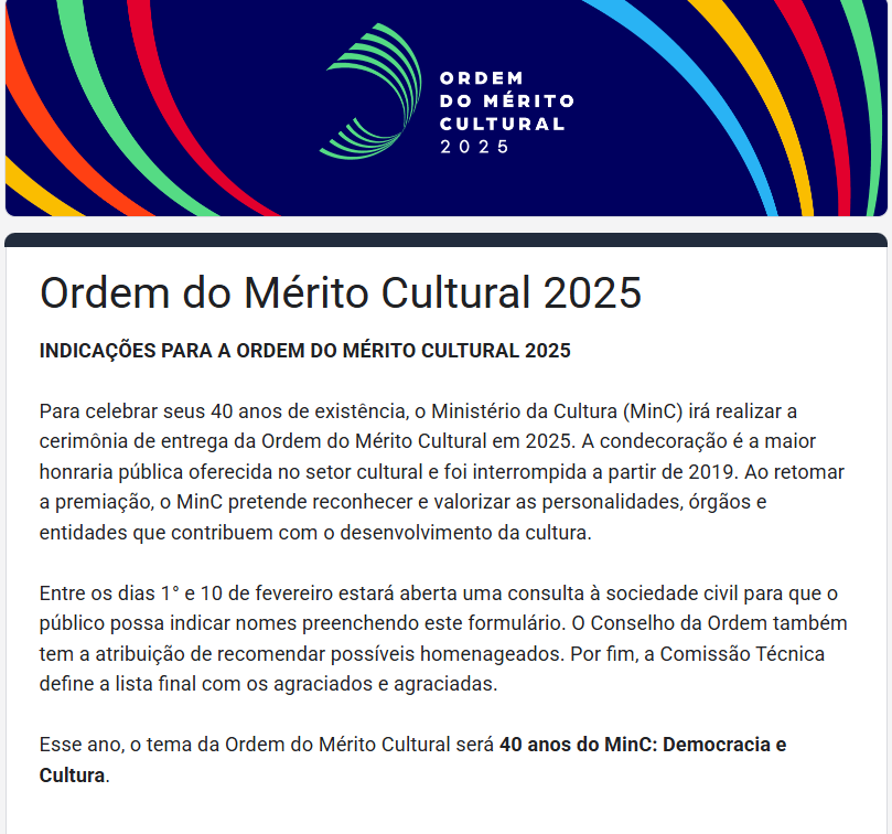 INDICAÇÕES PARA A ORDEM DO MÉRITO CULTURAL 2025